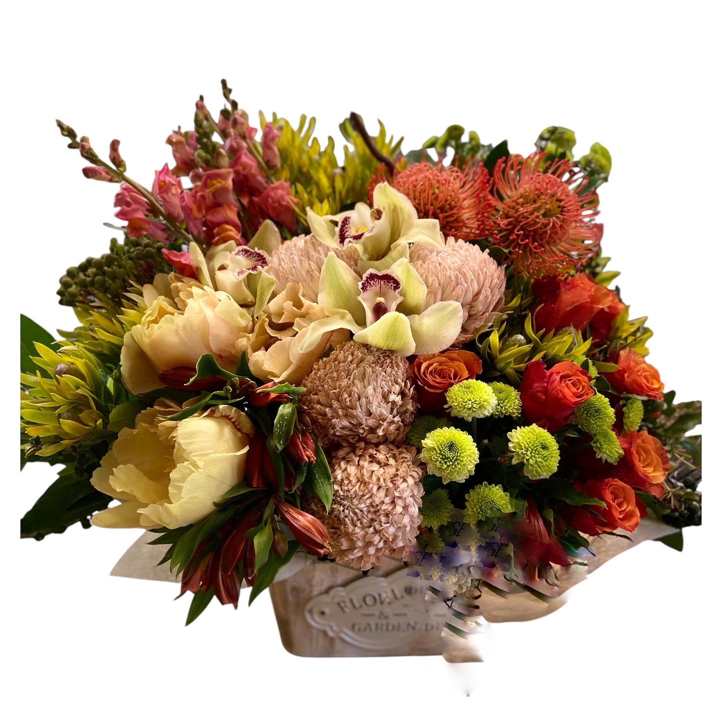 This arrangement is just gorgeous. Its pastel, but bright. Gorgeous tones.
It comes in a wooden box.
This design pictured is PREMIUM size.