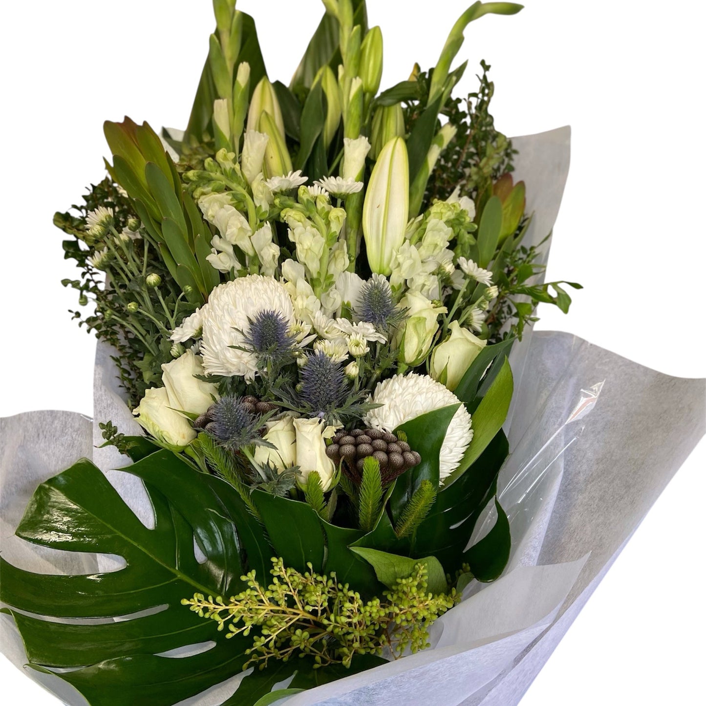 Frankie is named in honour of one of our very dear customers. She is amazing, as are these flowers.
Our Frankie design is what sets us apart in floral design. It's perfect for every occasion. Greens and whites are the perfect combination.
Perfect for Goodbye, Graduation, Just Because, Happy Birthday, New Baby, I love You, any occasion really.
This bouquet pictured is PREMIUM size. All you need to do is choose your size for delivery and we will make the magic happen.