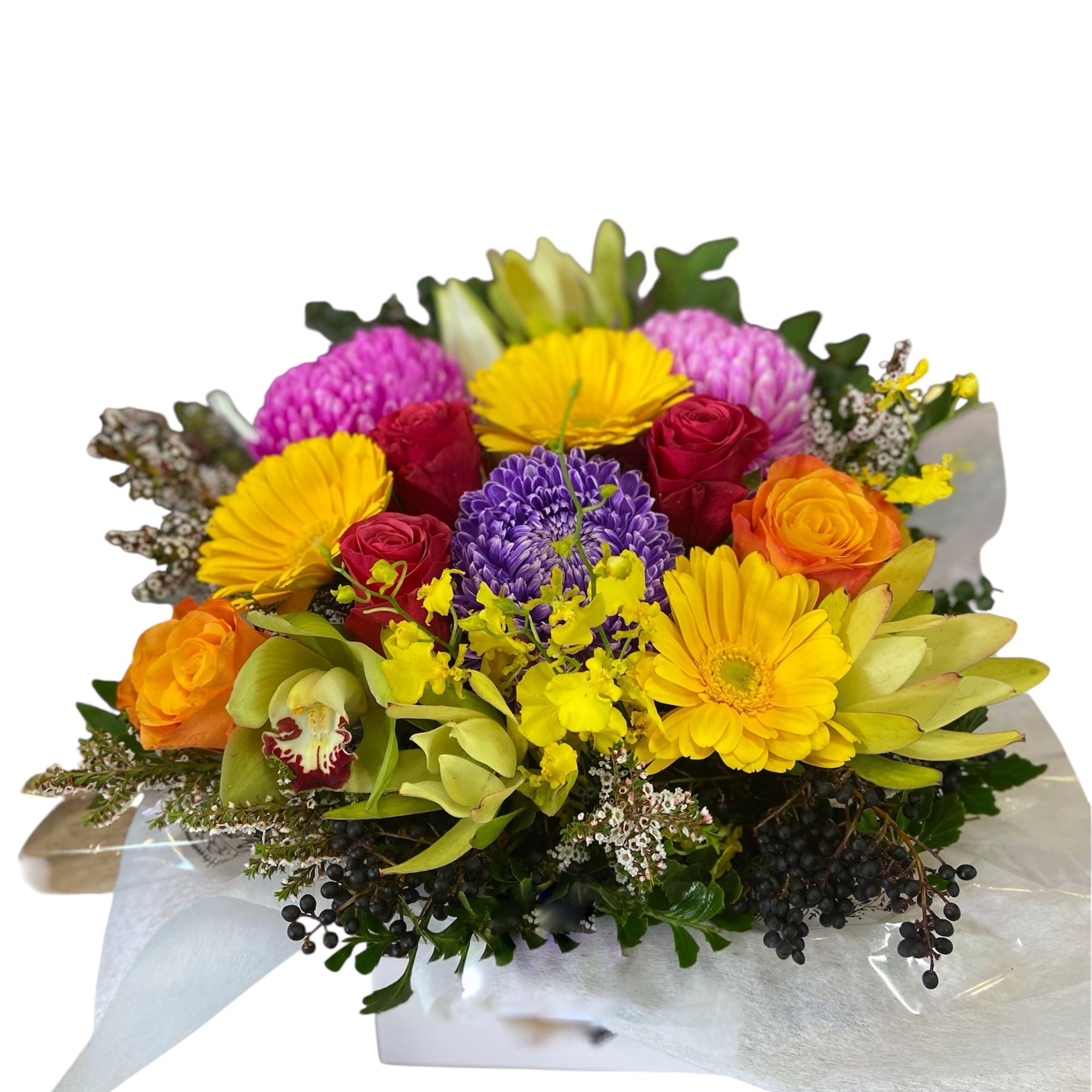 Maggie is a bright box arrangement which will be sure to please.

Its made using seasonal blooms that are in abundance from our local growers in Tasmania and from our flower markets.

This design pictured is PREMIUM in size. You can choose your size and we will make the magic happen.