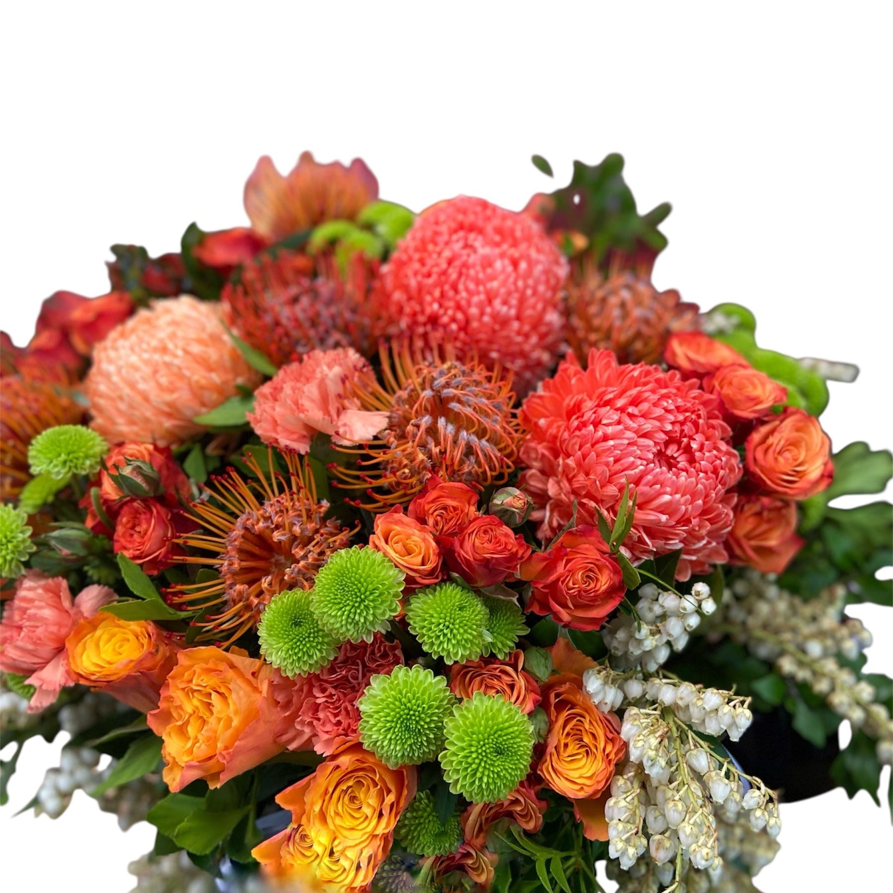 Penny Is an arrangement in a glass vase. This design is predominately using greens and oranges. 

It is super gorgeous and very well received.

This Penny pictured is PREMIUM in size. You just have to choose your size and let us do the rest.