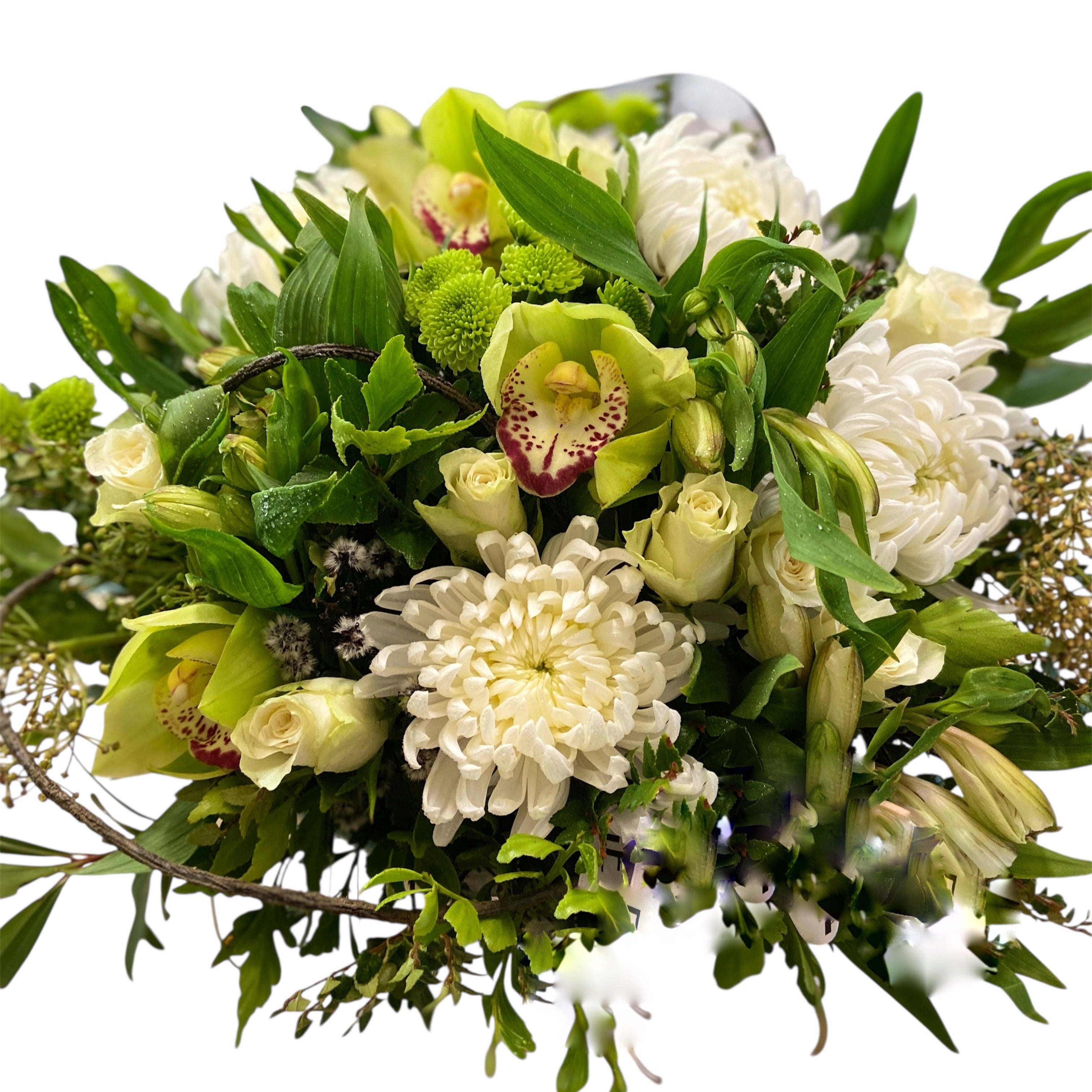 Our green and white gorgeous bouquet can also be an arrangement. Just add in notes to the florist if you require it as an arrangement.

The Whitney pictured is our Regular size.