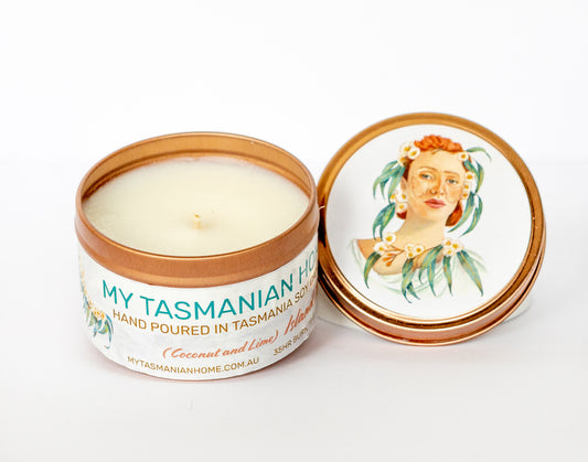 Our Island Time Candle, which is our gorgeous Coconut and Lime fragrance, has been hand poured in Tasmania by our candle artisans, using the finest soy wax.  Our candles come in a beautiful rose gold tin, and the lid is perfect to use when not in use to keep the fragrance lasting longer, our candles have a 35 hour burn time.