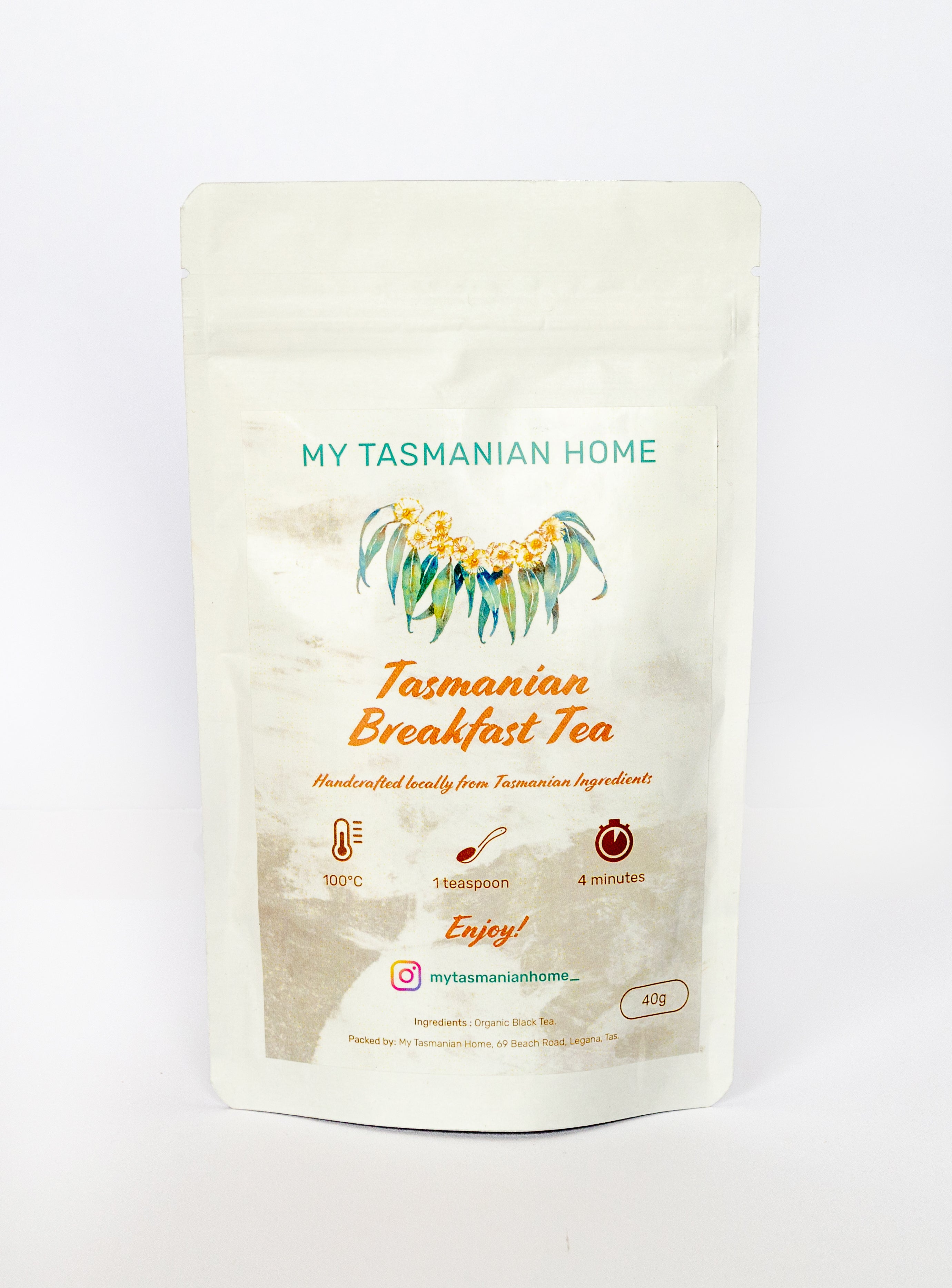 Our Tasmanian Breakfast Tea sachet/pouches are Handcrafted from our tea producers  in the Huon Valley in Tasmania.  It is a light, fresh and fruity black tea with a smooth flavour for easy drinking.  Just so enjoyable and Tasmanian!!  These are re-sealable pouches once opened.